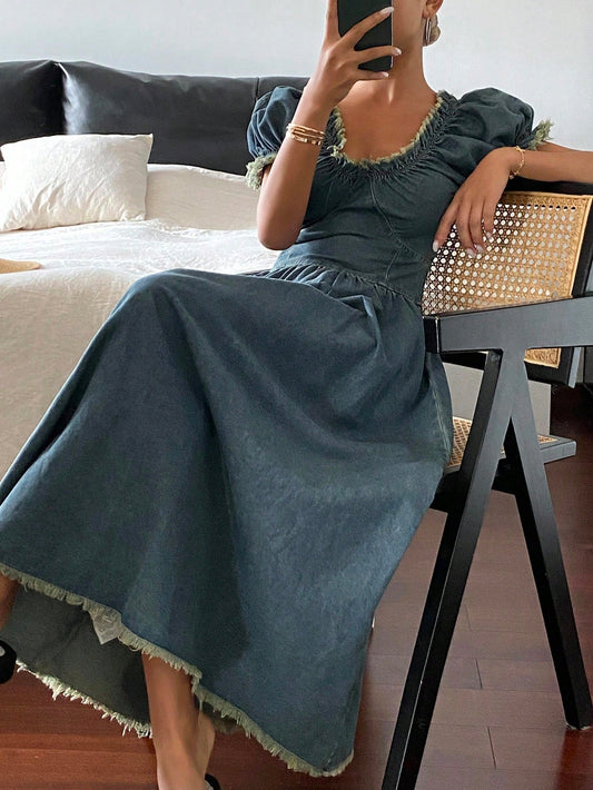 CM-DS718317 Women Casual Seoul Style Sweetheart Neckline Ripped Puff Sleeve Waisted A-Line Long Denim Dress - Blue