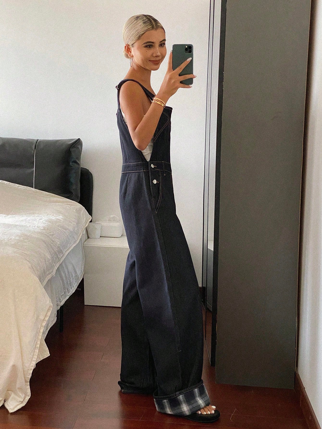 CM-JS929882 Women Casual Seoul Style Straps Neckline Patchwork Plaid Hem Loose Wide Leg Jumpsuit With Pockets - Blue