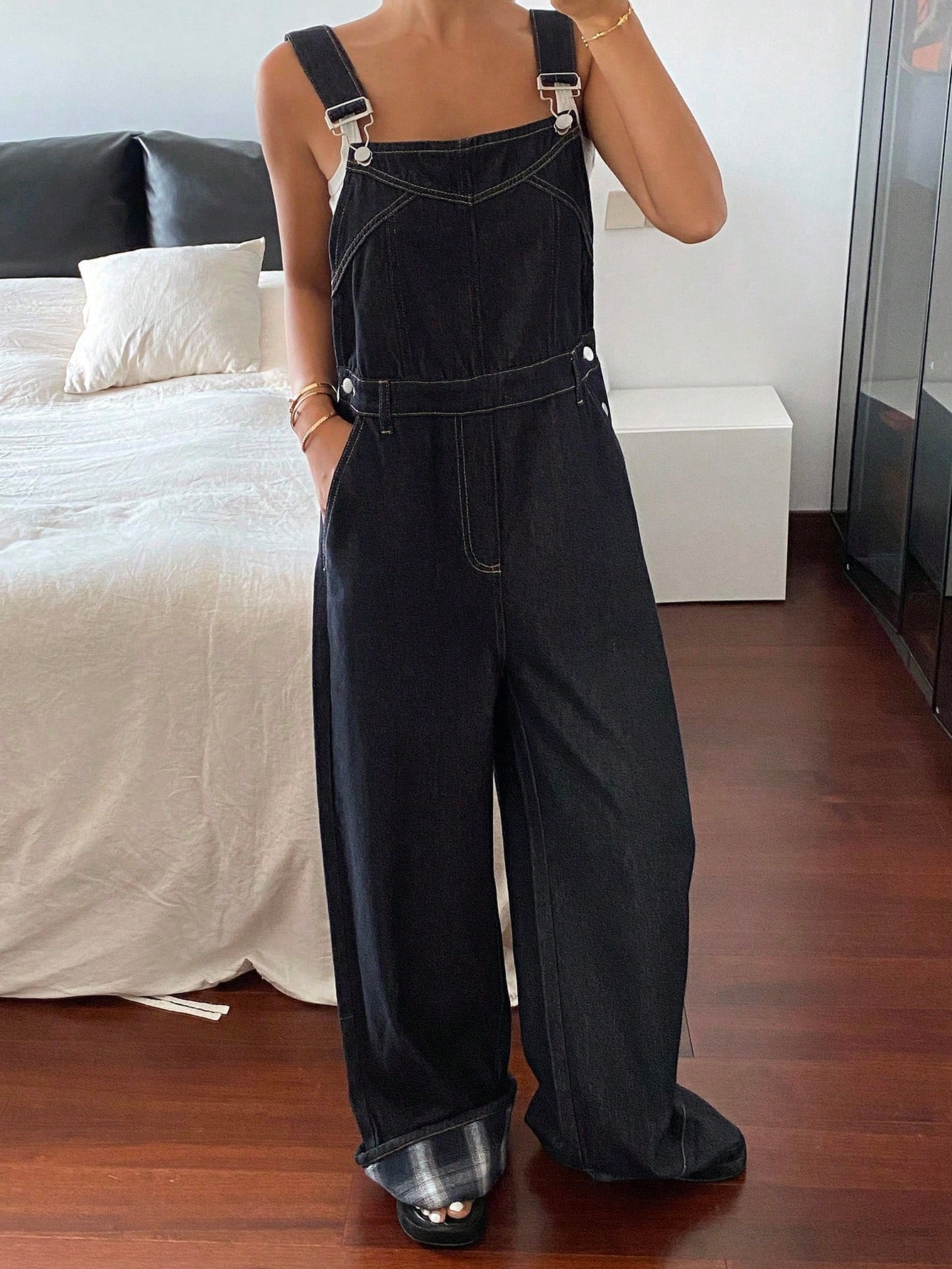 CM-JS929882 Women Casual Seoul Style Straps Neckline Patchwork Plaid Hem Loose Wide Leg Jumpsuit With Pockets - Blue