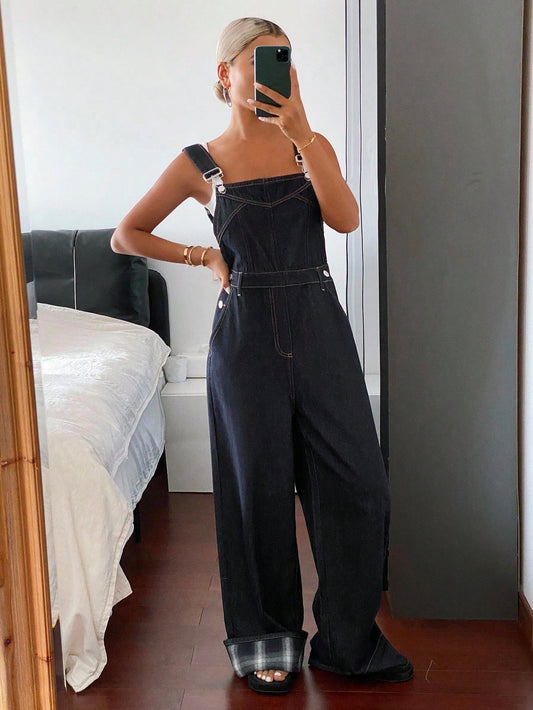 CM-JS929882 Women Casual Seoul Style Straps Neckline Patchwork Plaid Hem Loose Wide Leg Jumpsuit With Pockets - Blue