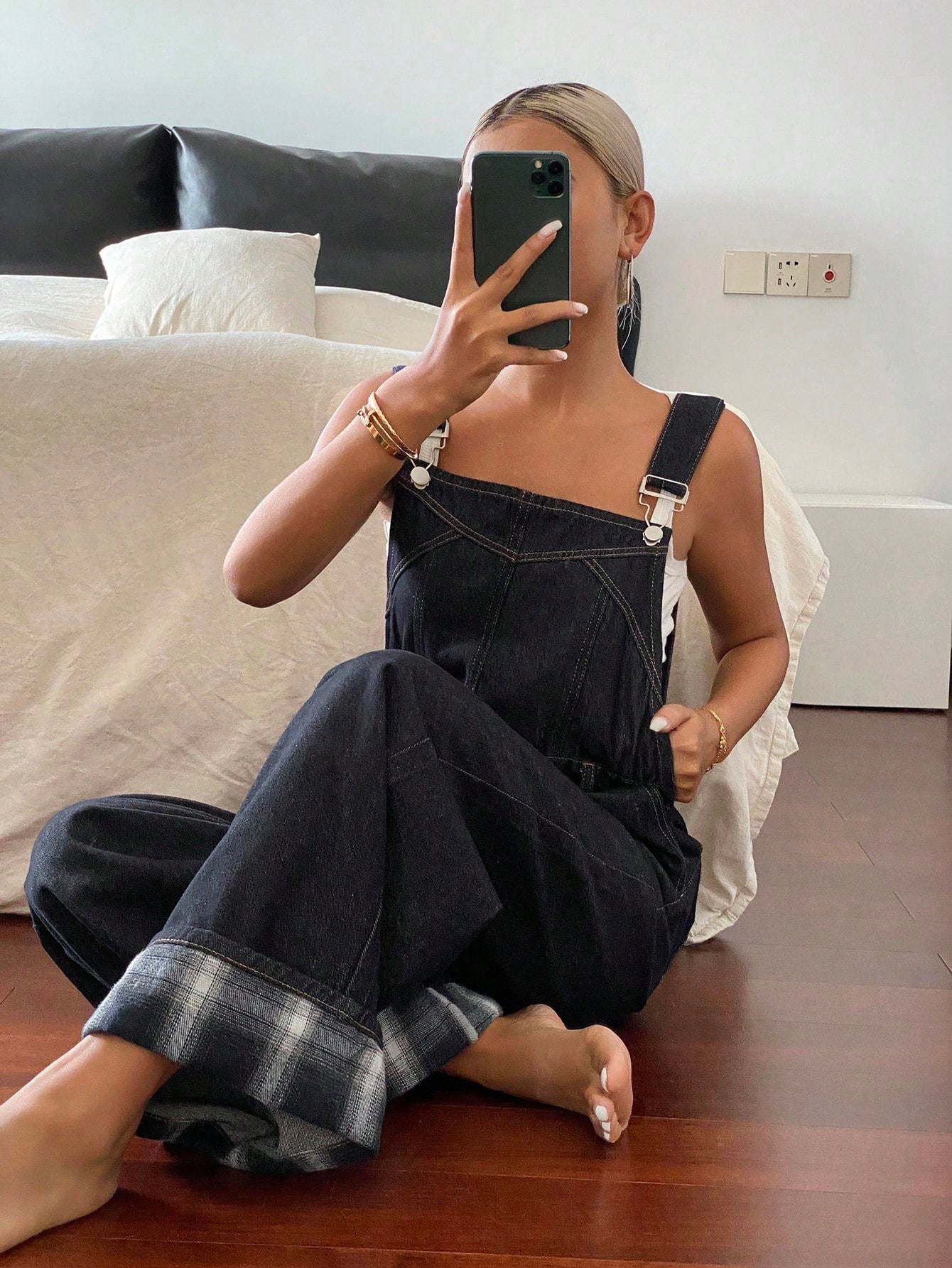 CM-JS929882 Women Casual Seoul Style Straps Neckline Patchwork Plaid Hem Loose Wide Leg Jumpsuit With Pockets - Blue