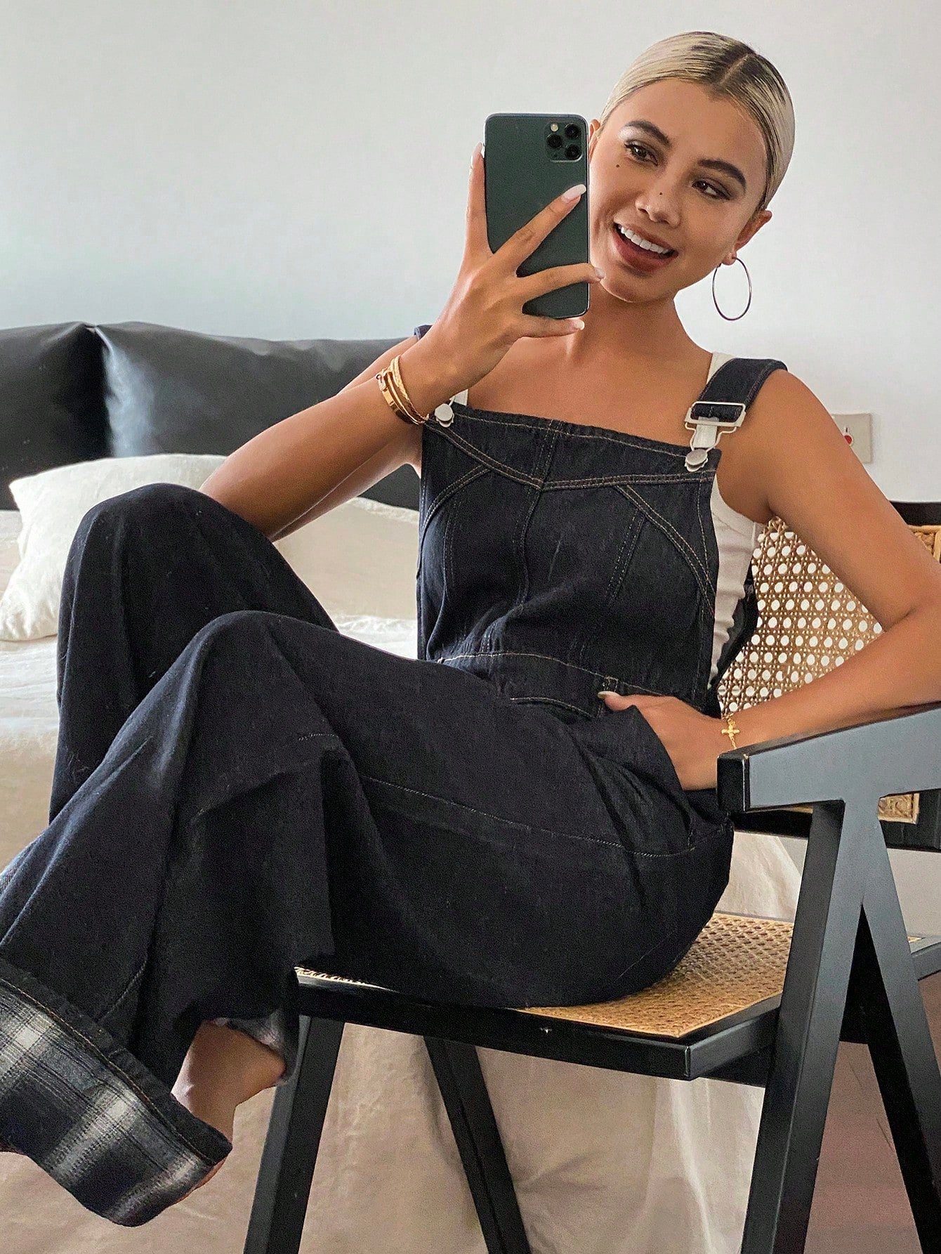 CM-JS929882 Women Casual Seoul Style Straps Neckline Patchwork Plaid Hem Loose Wide Leg Jumpsuit With Pockets - Blue