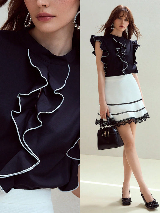 CM-TS767870 Women Elegant Seoul Style Contrast Trim Ruffle Detail Stand Collar Cap Sleeve Top - Black