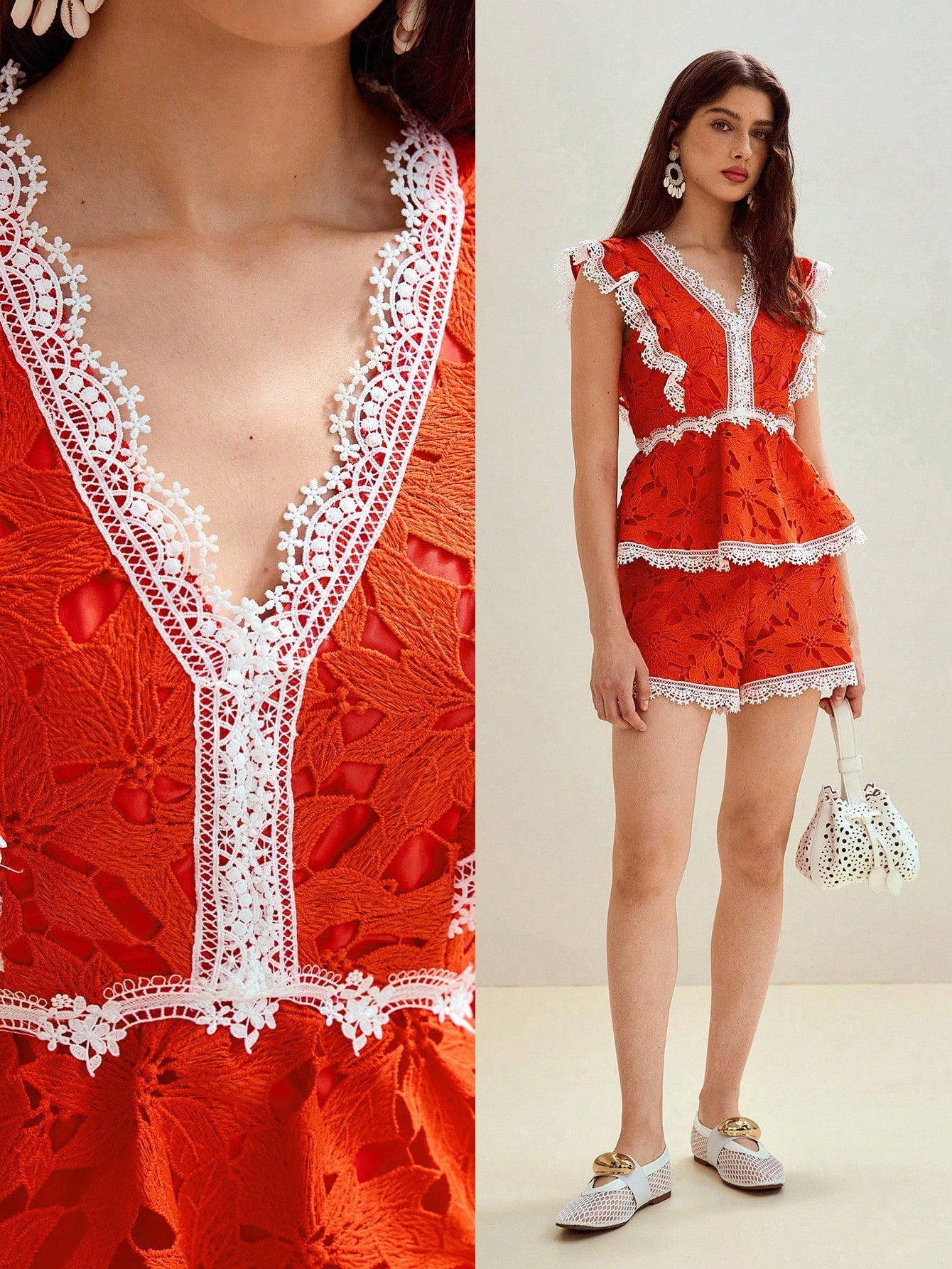CM-SS142162 Women Trendy Bohemian Style Contrast Lace V-Neck Cap Sleeve Camisole Top With Short Pants - Set