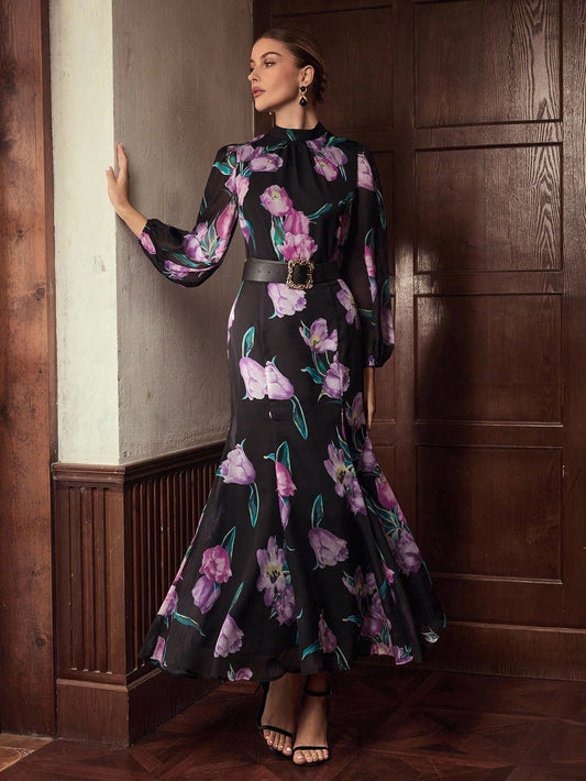CM-SS088587 Women Elegant Seoul Style Floral Printed Long Sleeve Lace Up Blouse With Fishtail Maxi Skirt - Set