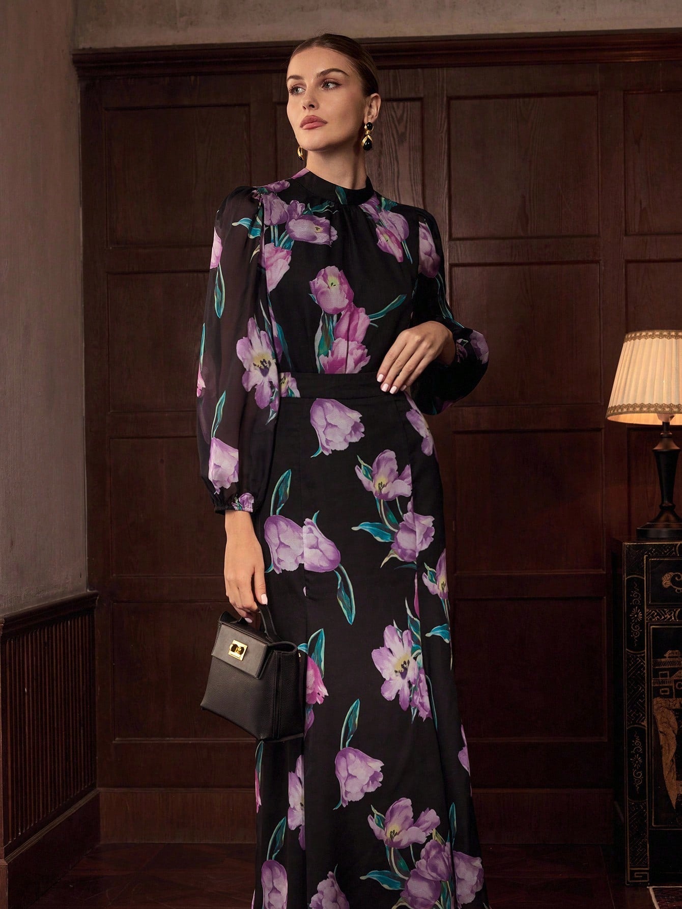 CM-SS088587 Women Elegant Seoul Style Floral Printed Long Sleeve Lace Up Blouse With Fishtail Maxi Skirt - Set