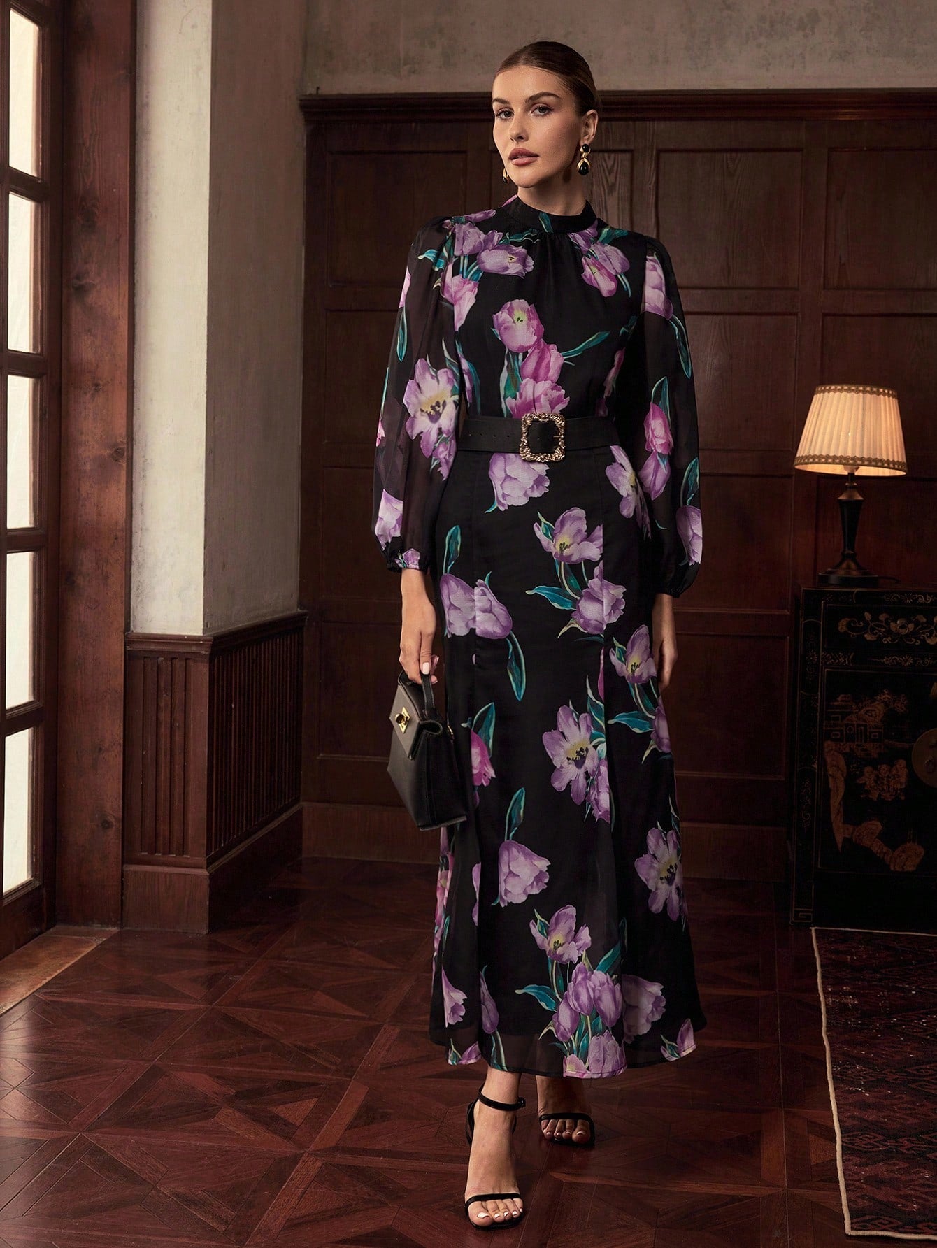 CM-SS088587 Women Elegant Seoul Style Floral Printed Long Sleeve Lace Up Blouse With Fishtail Maxi Skirt - Set