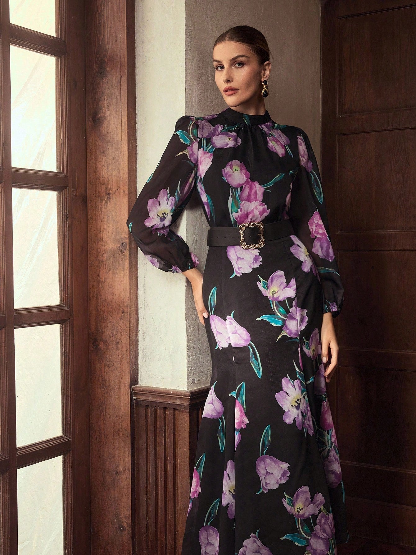 CM-SS088587 Women Elegant Seoul Style Floral Printed Long Sleeve Lace Up Blouse With Fishtail Maxi Skirt - Set