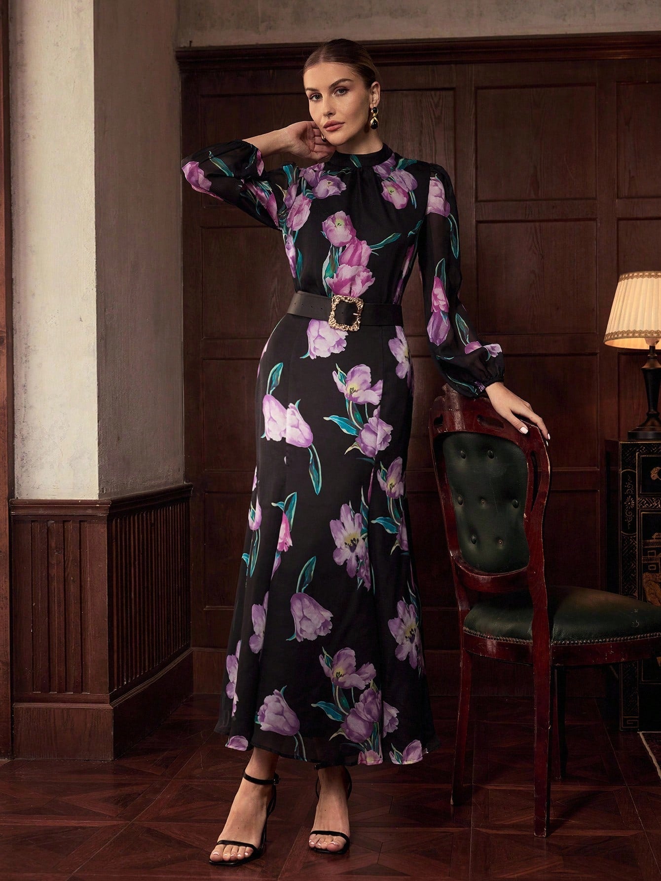 CM-SS088587 Women Elegant Seoul Style Floral Printed Long Sleeve Lace Up Blouse With Fishtail Maxi Skirt - Set