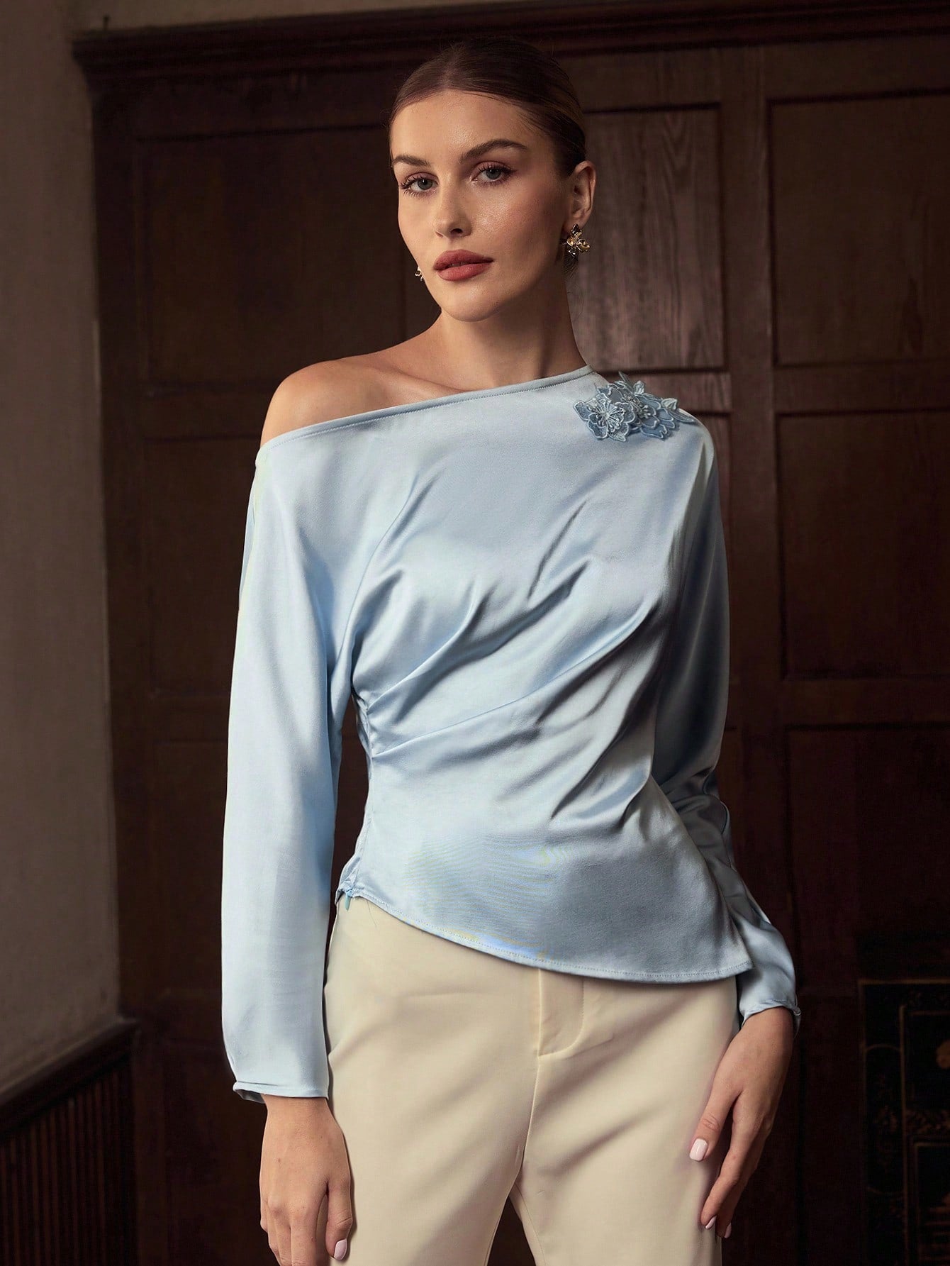 CM-TS798230 Women Elegant Seoul Style 3D Floral Decor Oblique Shoulder Long Sleeve Waist Cinched Blouse - Blue