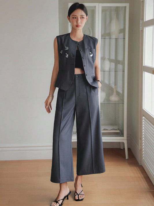 CM-SS243577 Women Elegant Seoul Style Round Neck Sequin And Beaded Decor Vest With Straight Leg Pants - Set