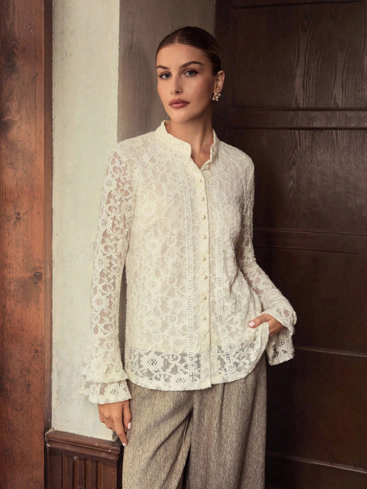 CM-TS067432 Women Elegant Seoul Style Lace Button Up Stand Collar Long Sleeve Blouse