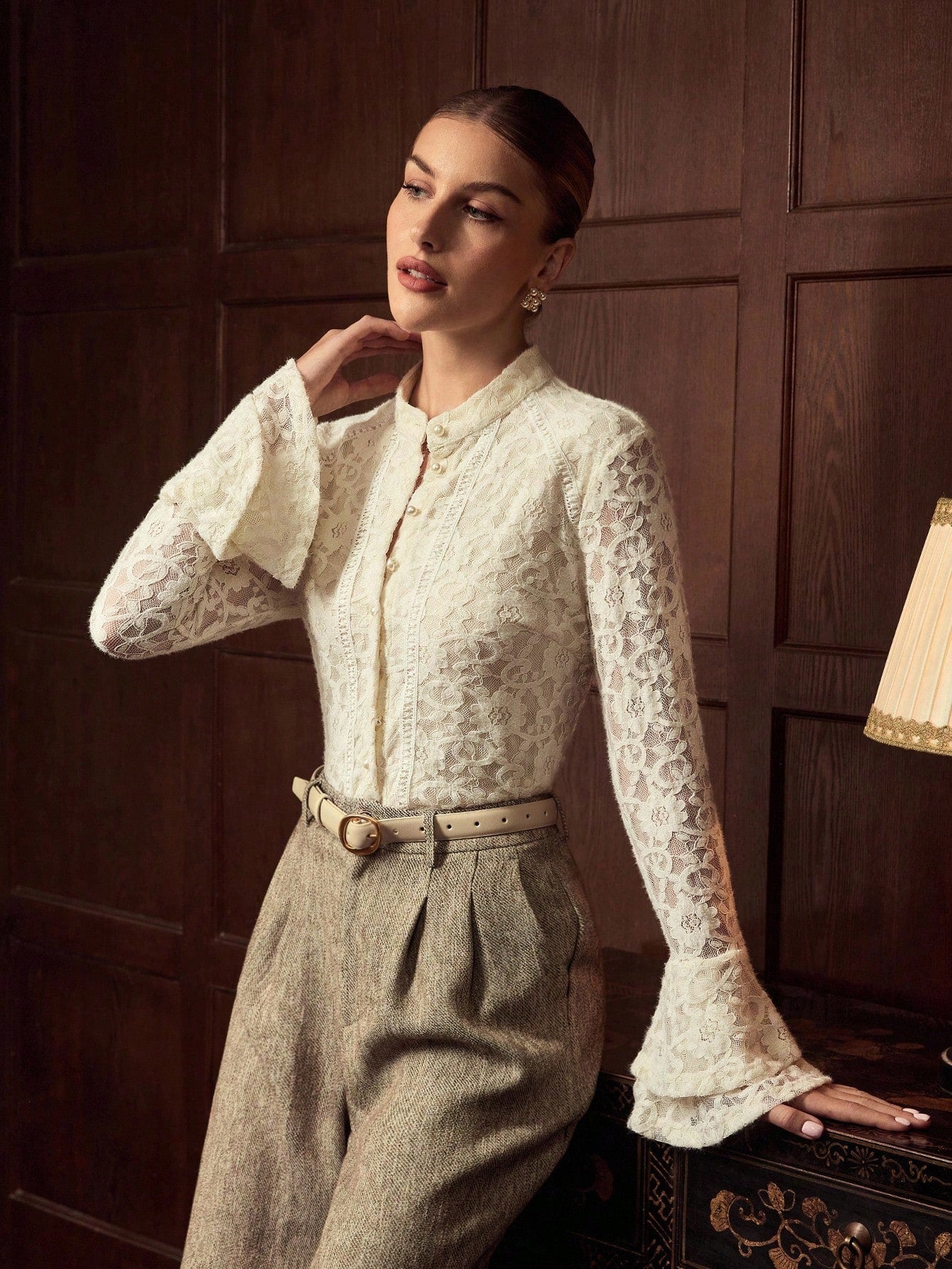 CM-TS067432 Women Elegant Seoul Style Lace Button Up Stand Collar Long Sleeve Blouse