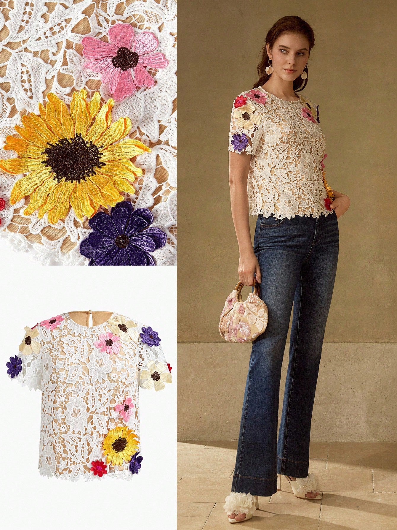 CM-TS475093 Women Elegant Seoul Style Round Neck Floral Apploques Short Sleeve Top - White