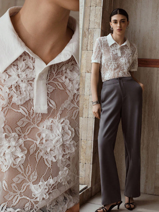 CM-TS926663 Women Elegant Seoul Style Polo Collar Short Sleeve Lace Embroidery Sheer Top - White