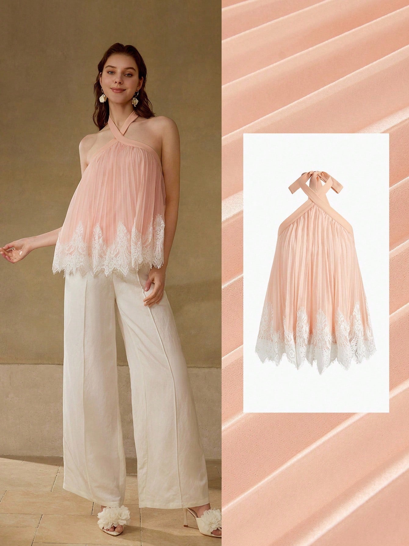 CM-TS593513 Women Elegant Seoul Style Halter Neckline Sleeveless Contrast Lace Pleated Top - Coral Pink