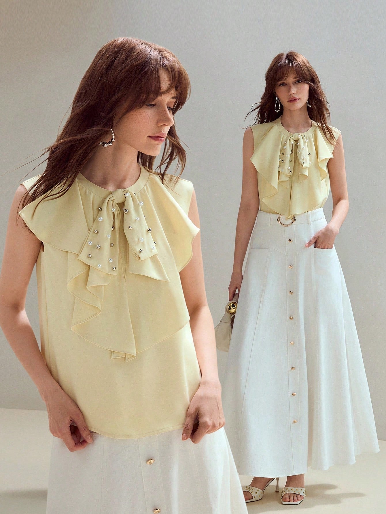 CM-TS416366 Women Elegant Seoul Style Round Neck Sleeveless Faux Pearl And Beaded Detail Ruffle Trim Top
