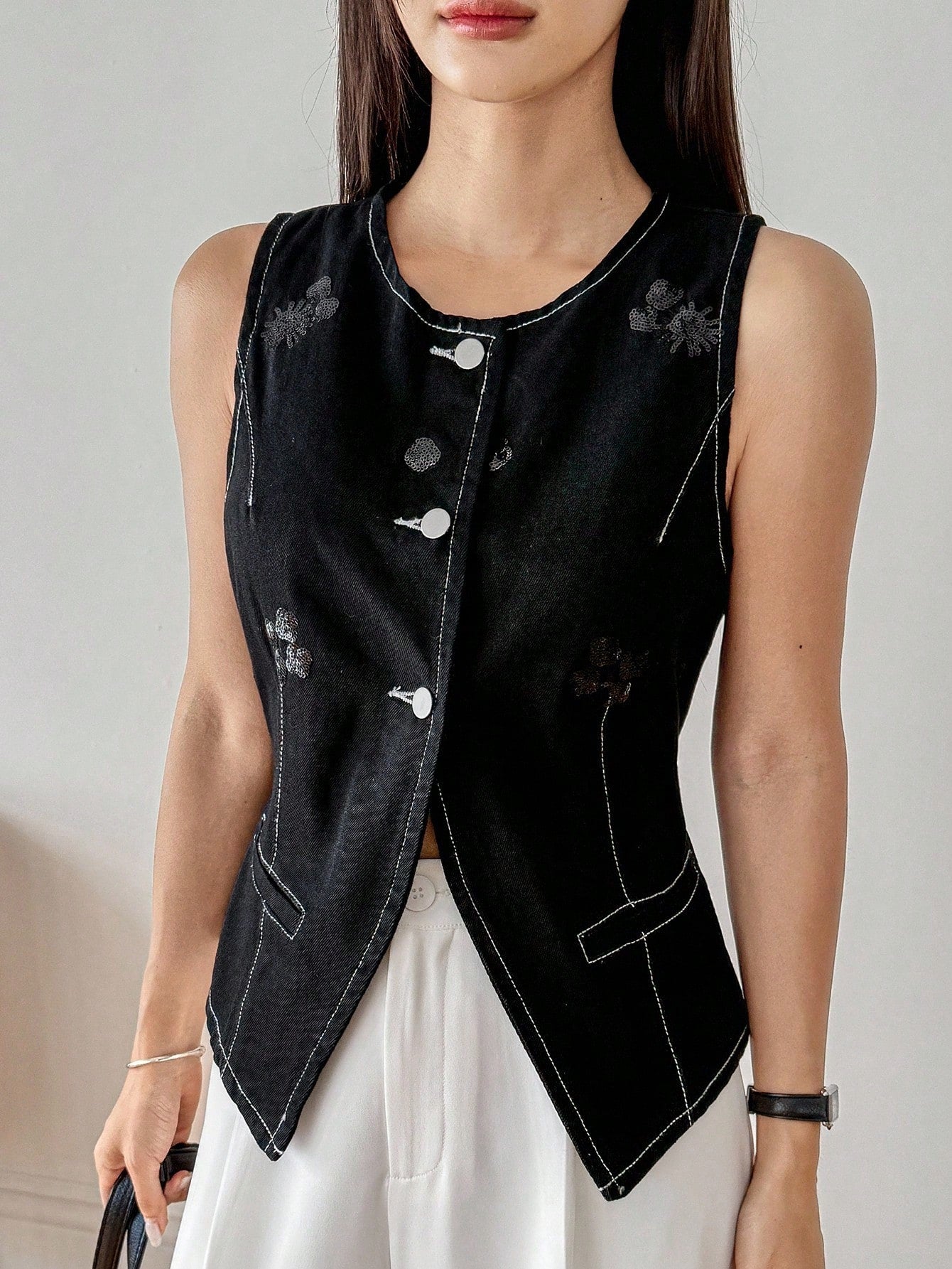CM-TS891114 Women Casual Seoul Style Beaded Flower Embellished Slim Fit Lightweight Denim Vest - Black