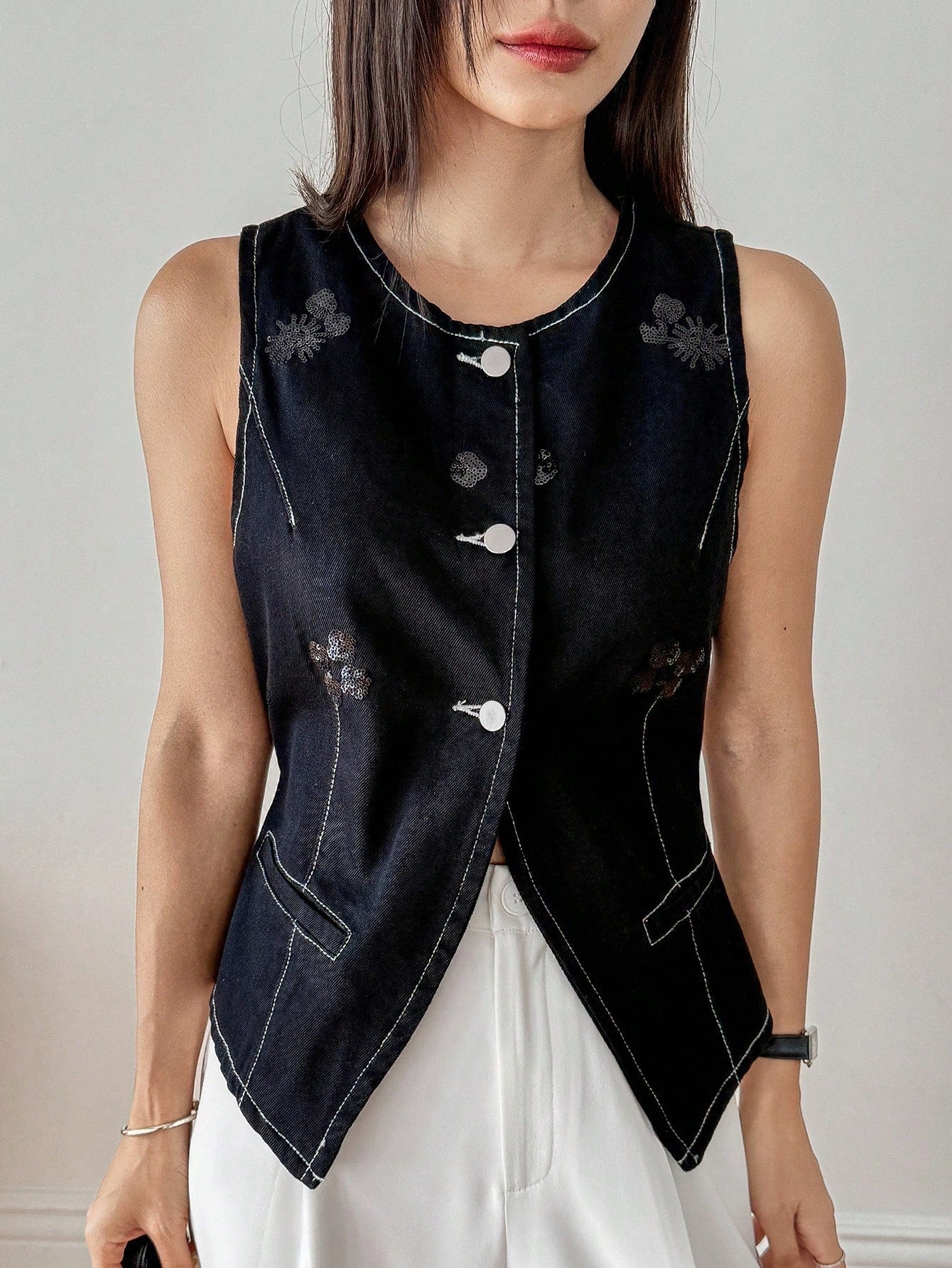 CM-TS891114 Women Casual Seoul Style Beaded Flower Embellished Slim Fit Lightweight Denim Vest - Black