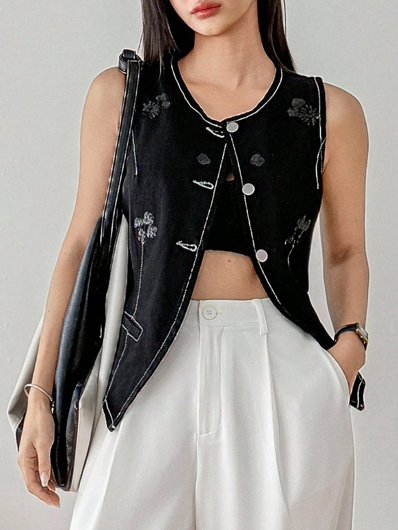 CM-TS891114 Women Casual Seoul Style Beaded Flower Embellished Slim Fit Lightweight Denim Vest - Black