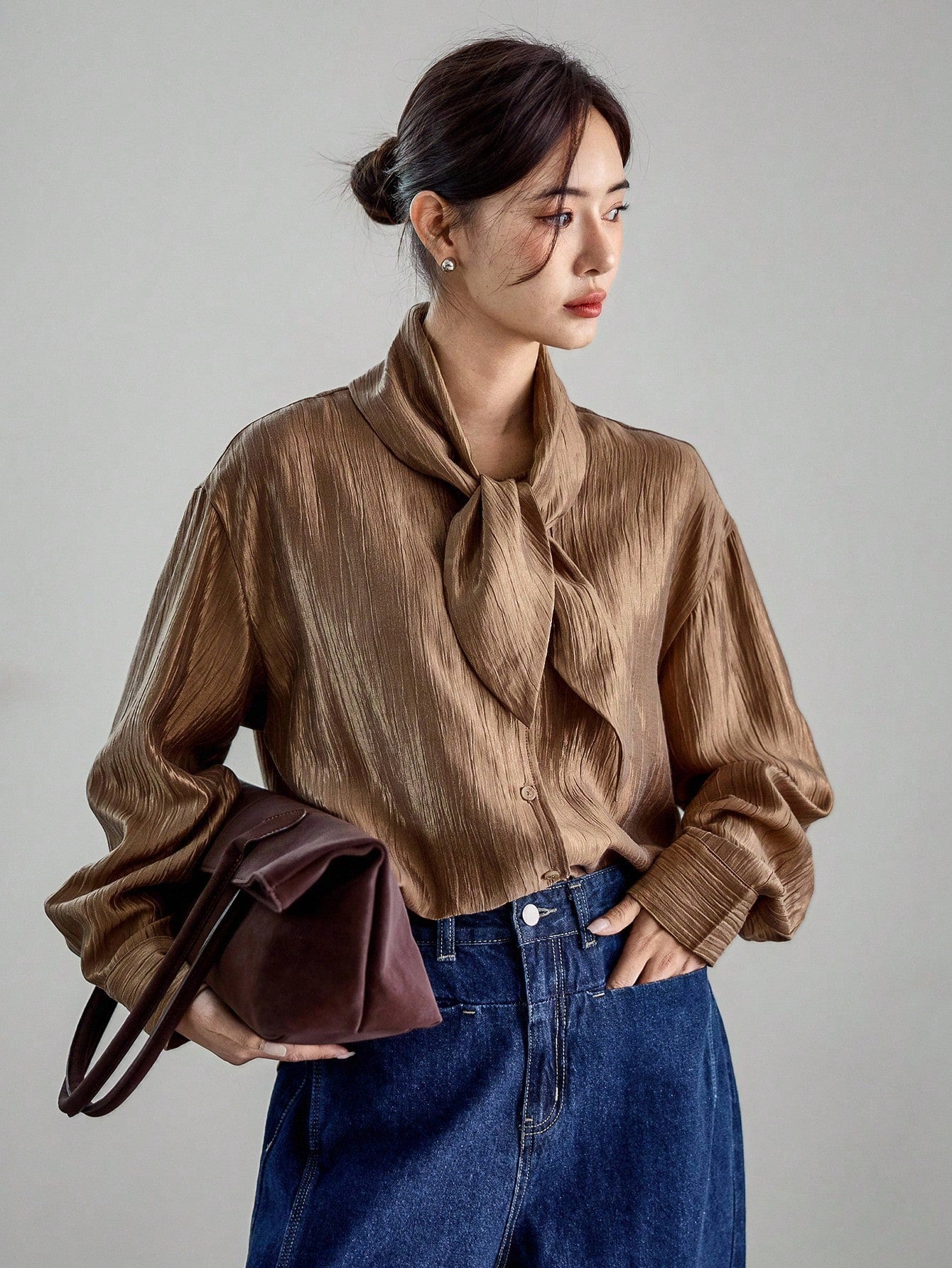 CM-TS232078 Women Elegant Seoul Style Tie Neck Loose Flowy Collar Long Sleeve Shirt - Champagne