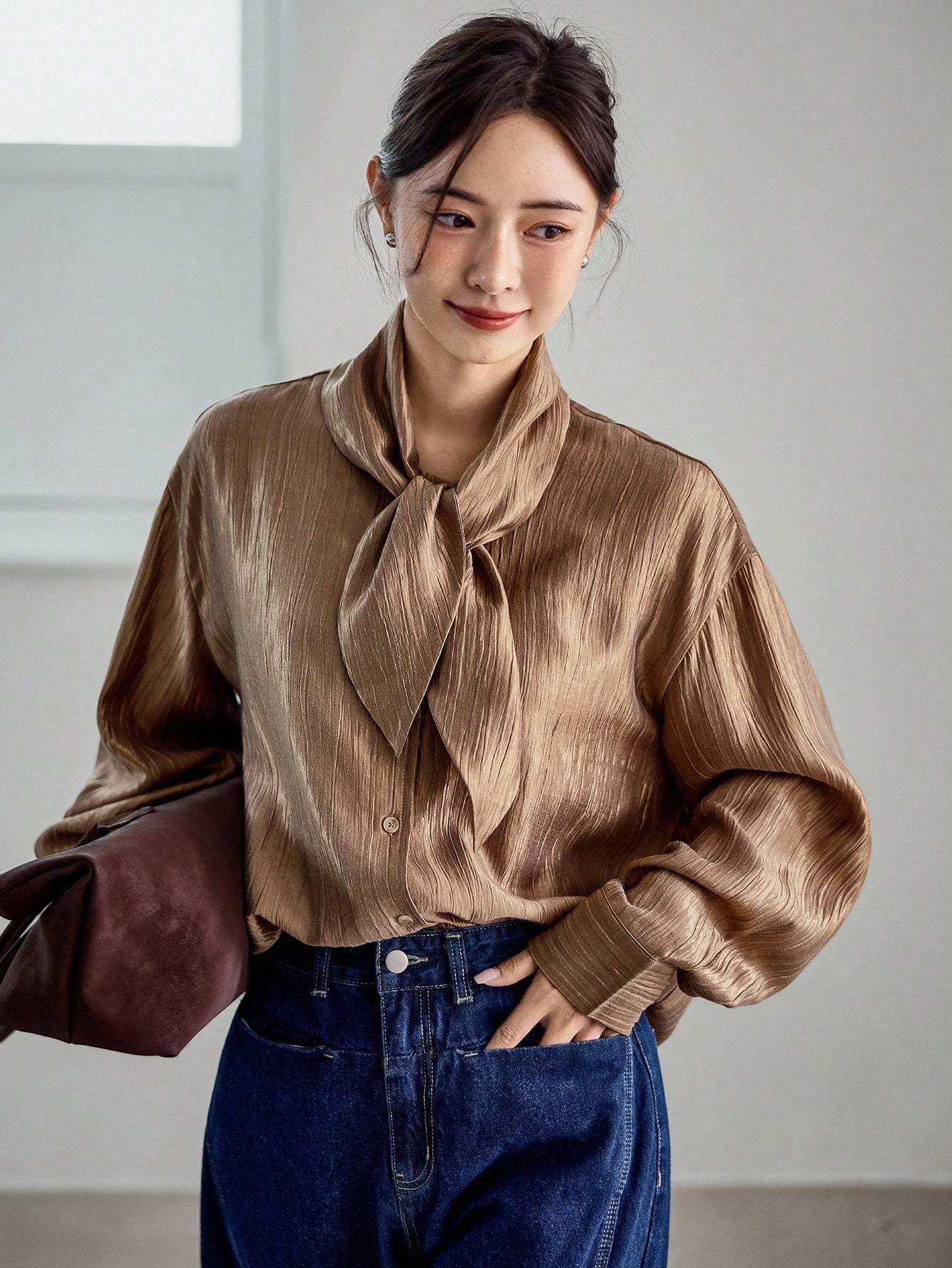 CM-TS232078 Women Elegant Seoul Style Tie Neck Loose Flowy Collar Long Sleeve Shirt - Champagne