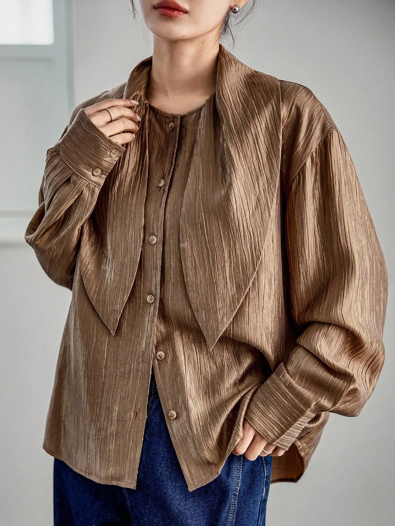 CM-TS232078 Women Elegant Seoul Style Tie Neck Loose Flowy Collar Long Sleeve Shirt - Champagne
