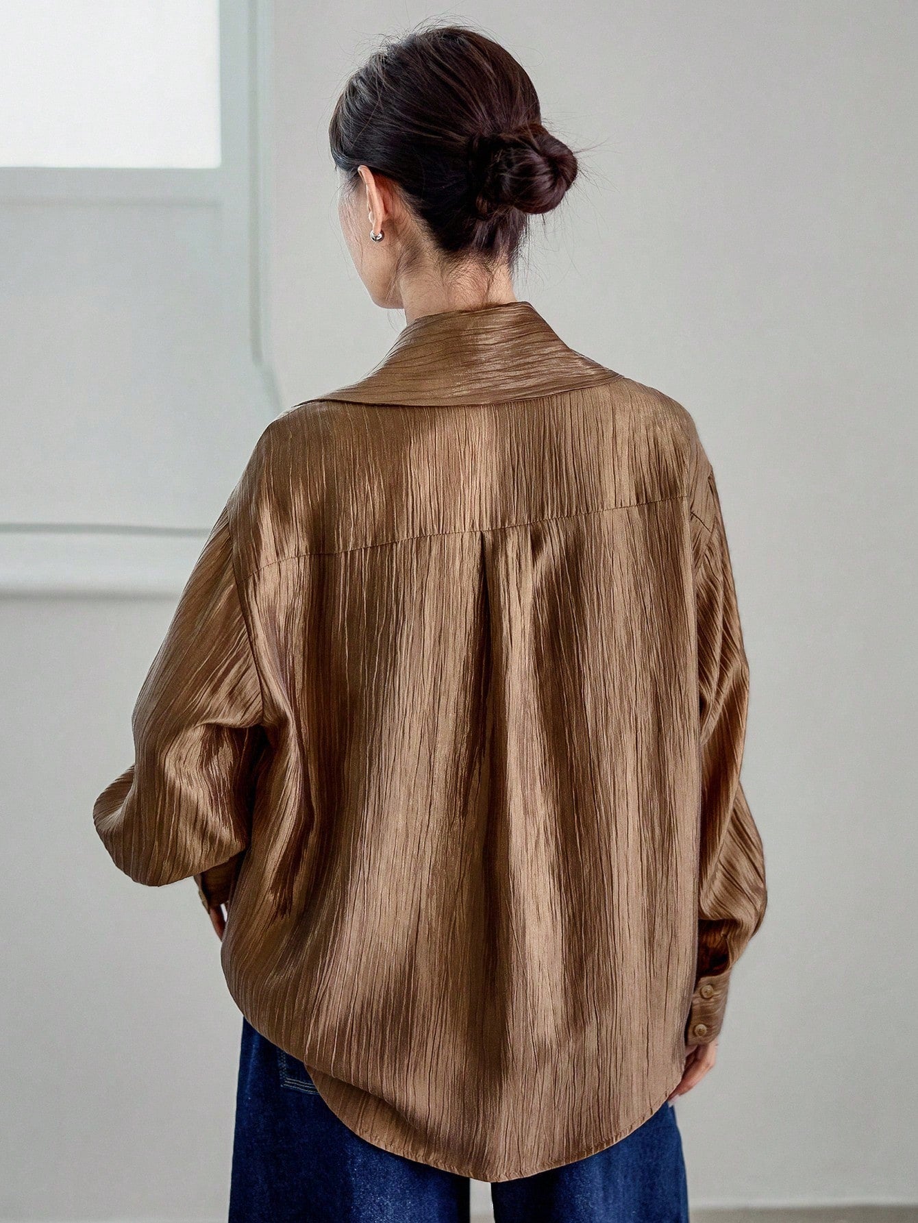 CM-TS232078 Women Elegant Seoul Style Tie Neck Loose Flowy Collar Long Sleeve Shirt - Champagne