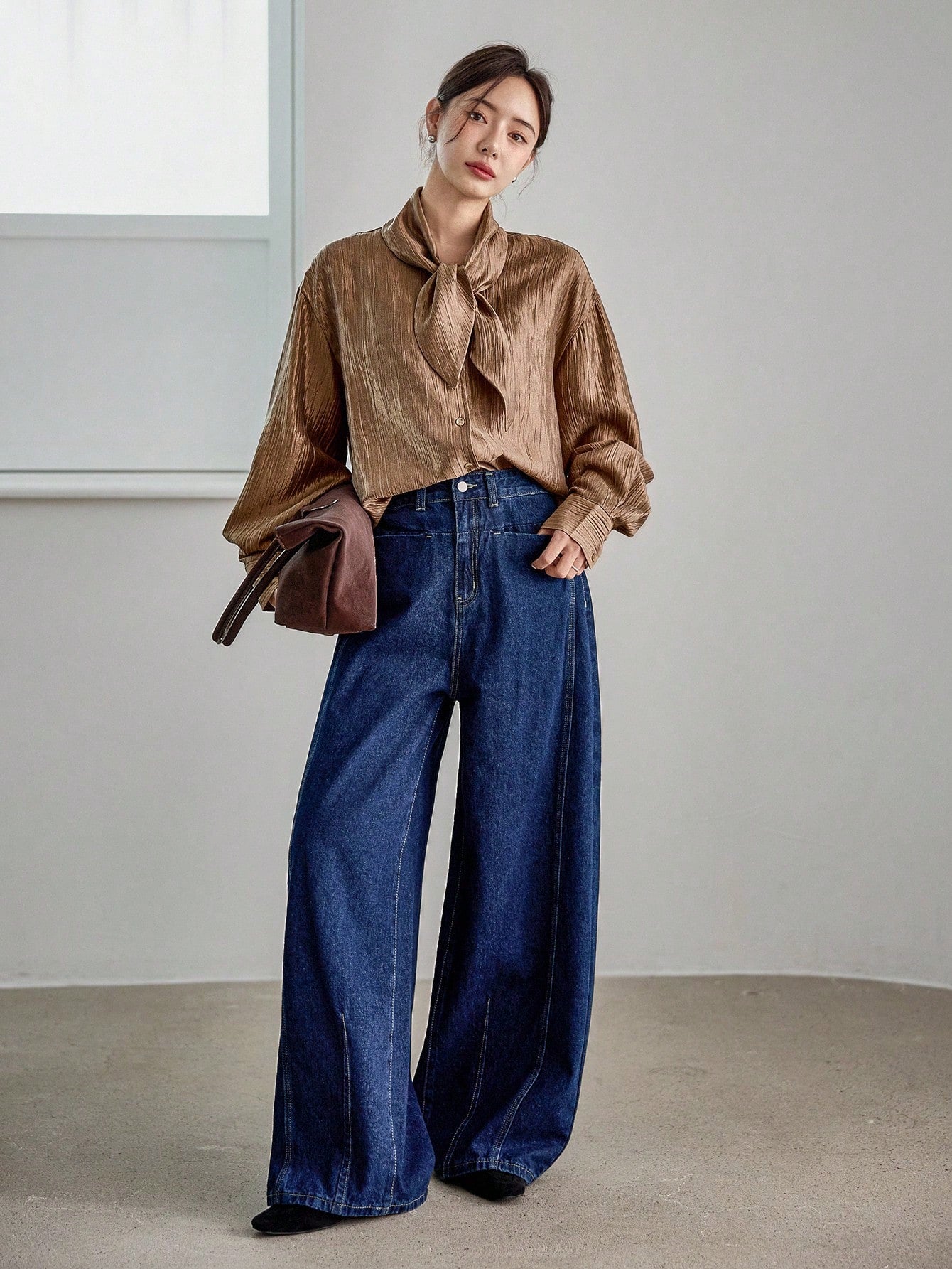 CM-TS232078 Women Elegant Seoul Style Tie Neck Loose Flowy Collar Long Sleeve Shirt - Champagne