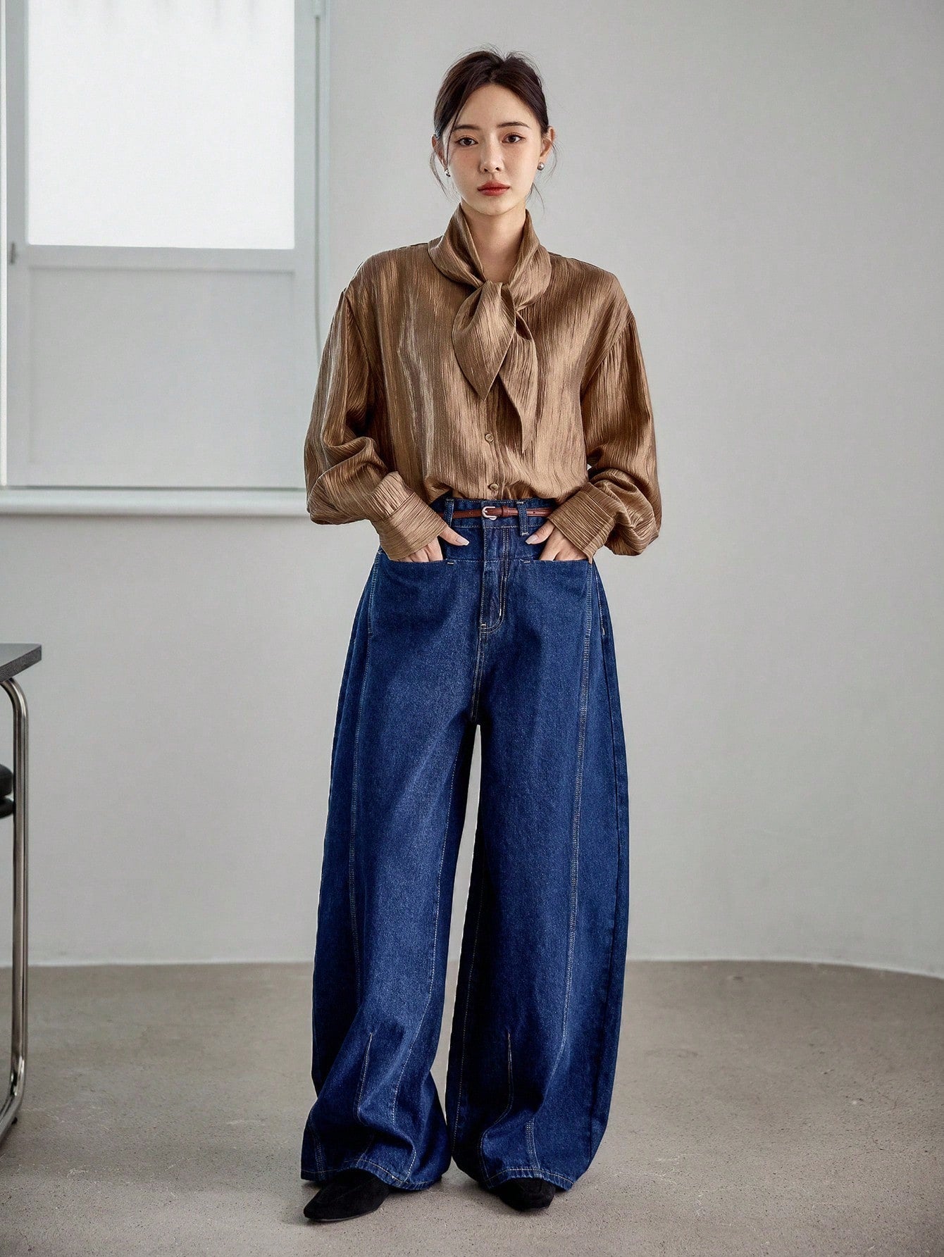 CM-TS232078 Women Elegant Seoul Style Tie Neck Loose Flowy Collar Long Sleeve Shirt - Champagne
