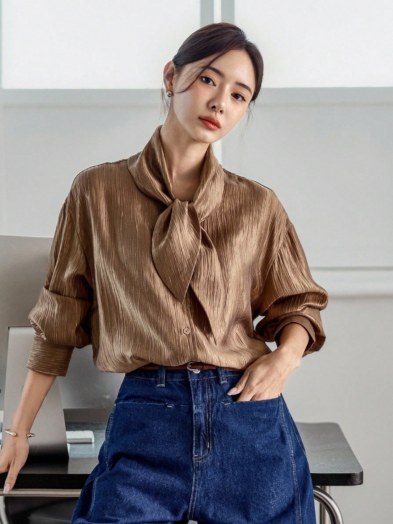 CM-TS232078 Women Elegant Seoul Style Tie Neck Loose Flowy Collar Long Sleeve Shirt - Champagne