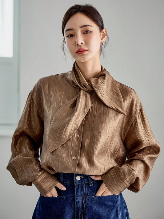 CM-TS232078 Women Elegant Seoul Style Tie Neck Loose Flowy Collar Long Sleeve Shirt - Champagne