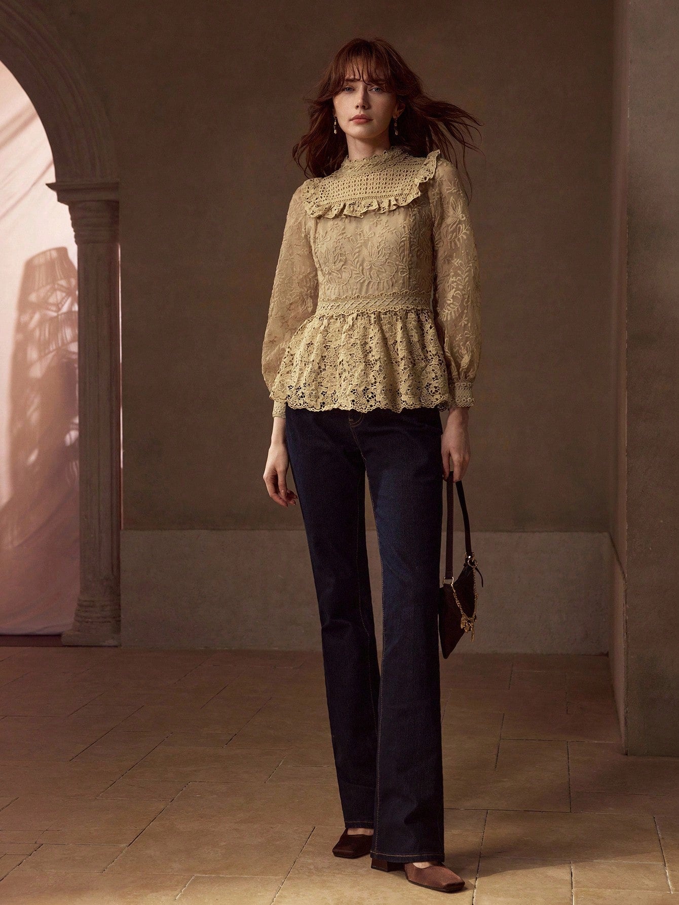 CM-TS143860 Women Elegant Seoul Style Stand Collar Long Sleeve Guipure Lace Peplum Blouse - Khaki