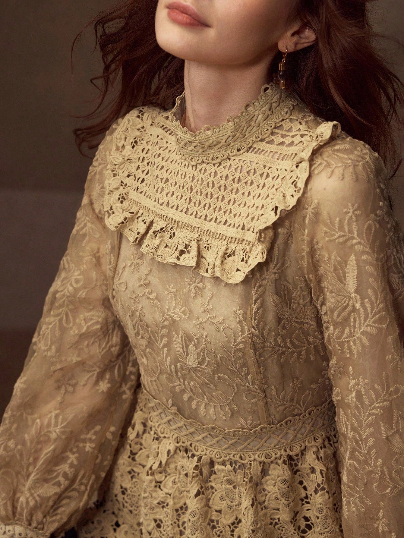 CM-TS143860 Women Elegant Seoul Style Stand Collar Long Sleeve Guipure Lace Peplum Blouse - Khaki