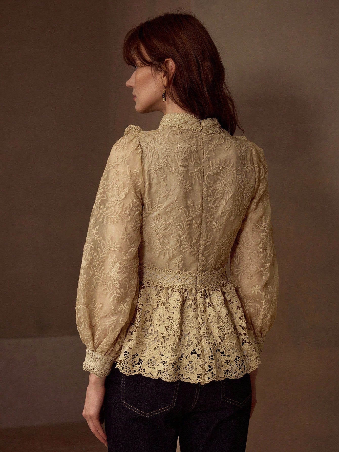 CM-TS143860 Women Elegant Seoul Style Stand Collar Long Sleeve Guipure Lace Peplum Blouse - Khaki