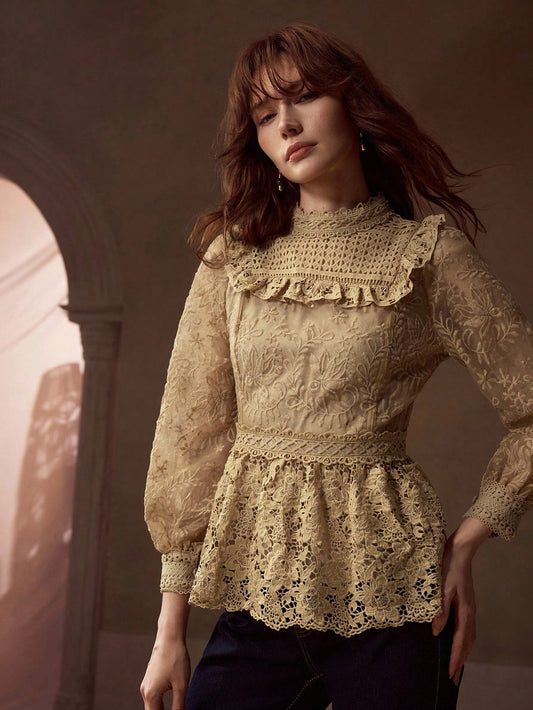 CM-TS143860 Women Elegant Seoul Style Stand Collar Long Sleeve Guipure Lace Peplum Blouse - Khaki