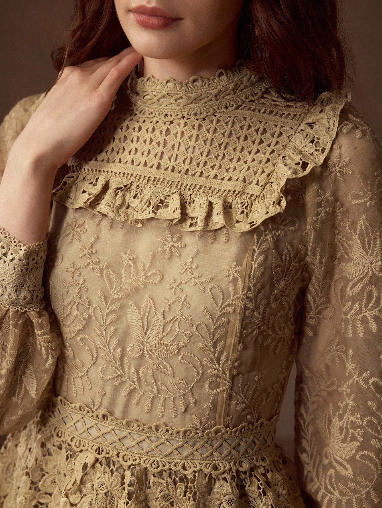 CM-TS143860 Women Elegant Seoul Style Stand Collar Long Sleeve Guipure Lace Peplum Blouse - Khaki