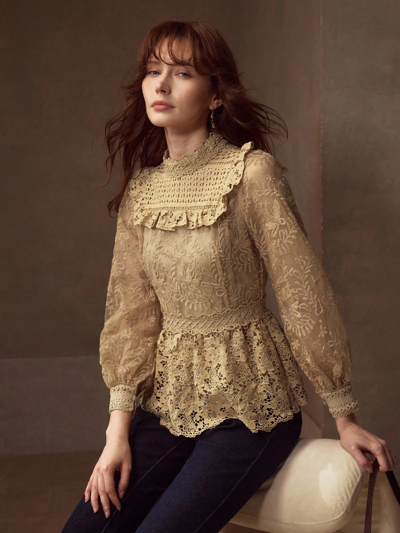 CM-TS143860 Women Elegant Seoul Style Stand Collar Long Sleeve Guipure Lace Peplum Blouse - Khaki