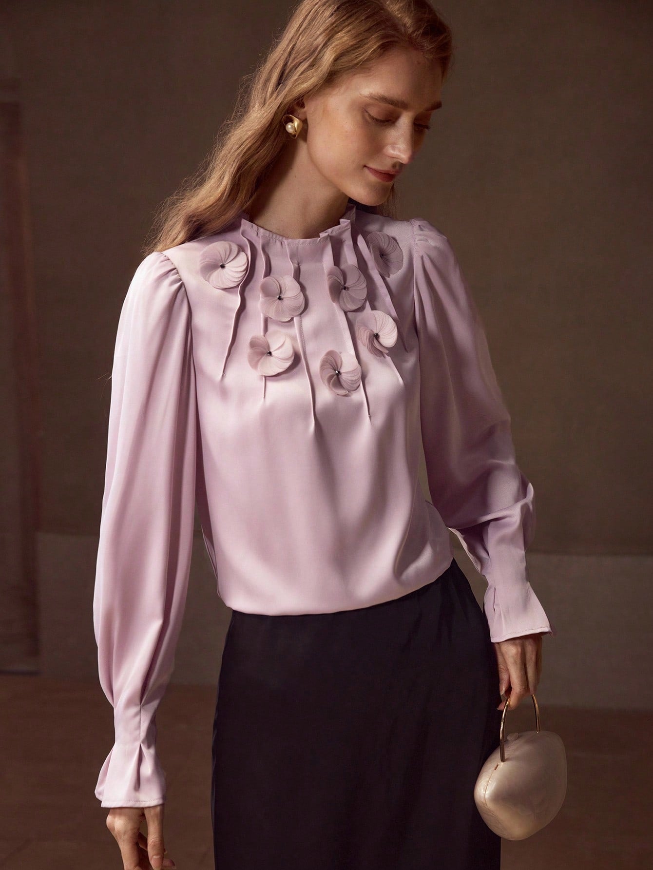 CM-TS423246 Women Elegant Seoul Style Round Neck Long Sleeve Appliques Ruched Blouse - Purple