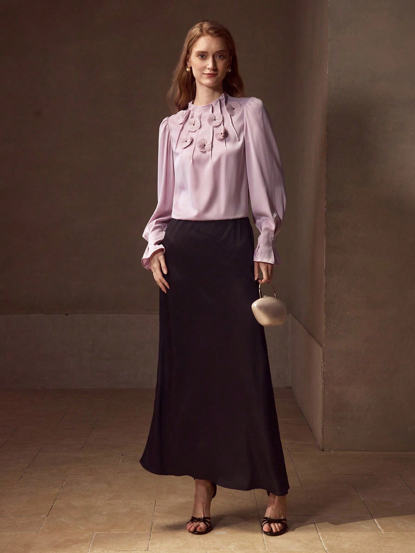 CM-TS423246 Women Elegant Seoul Style Round Neck Long Sleeve Appliques Ruched Blouse - Purple