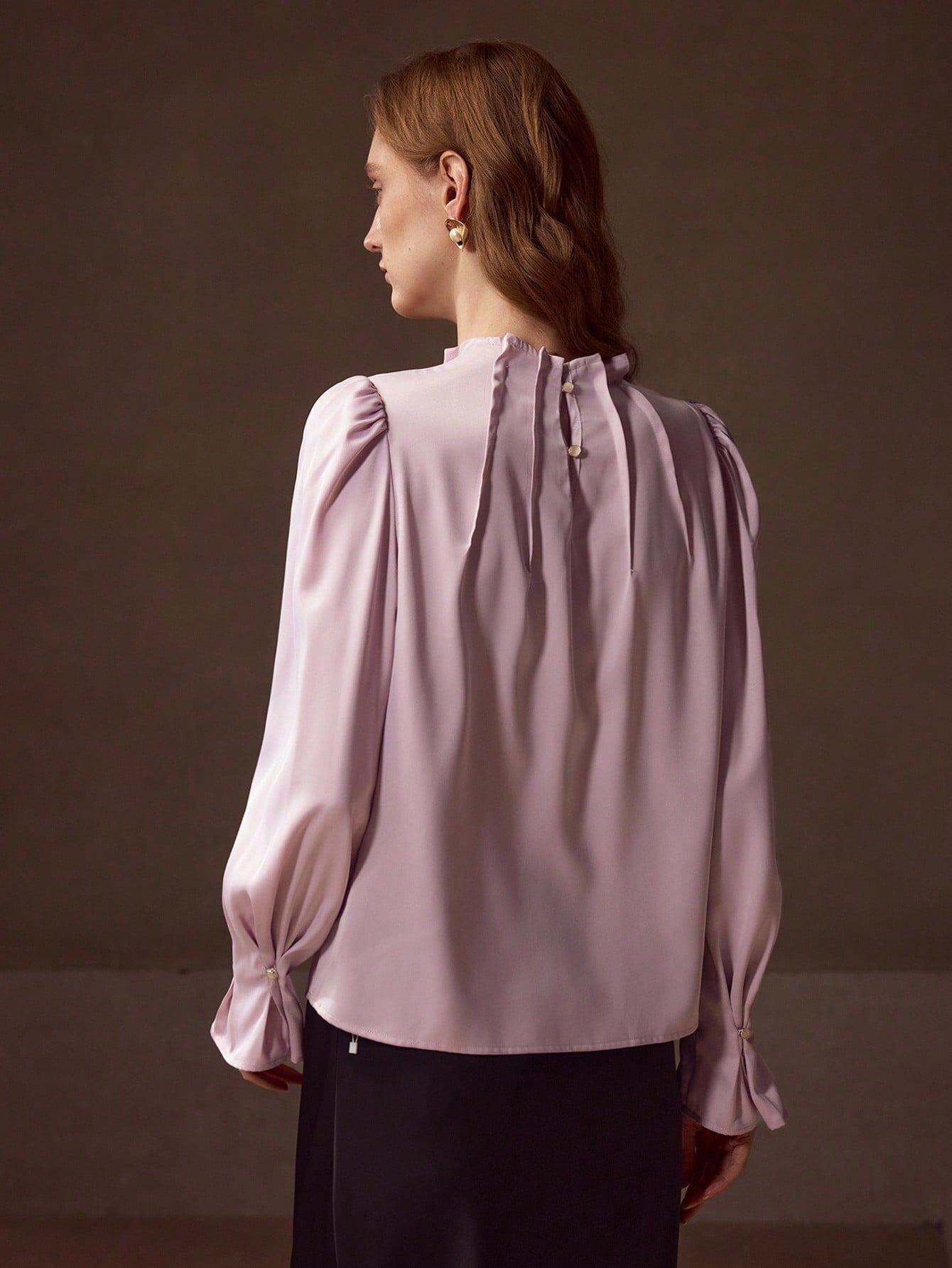 CM-TS423246 Women Elegant Seoul Style Round Neck Long Sleeve Appliques Ruched Blouse - Purple