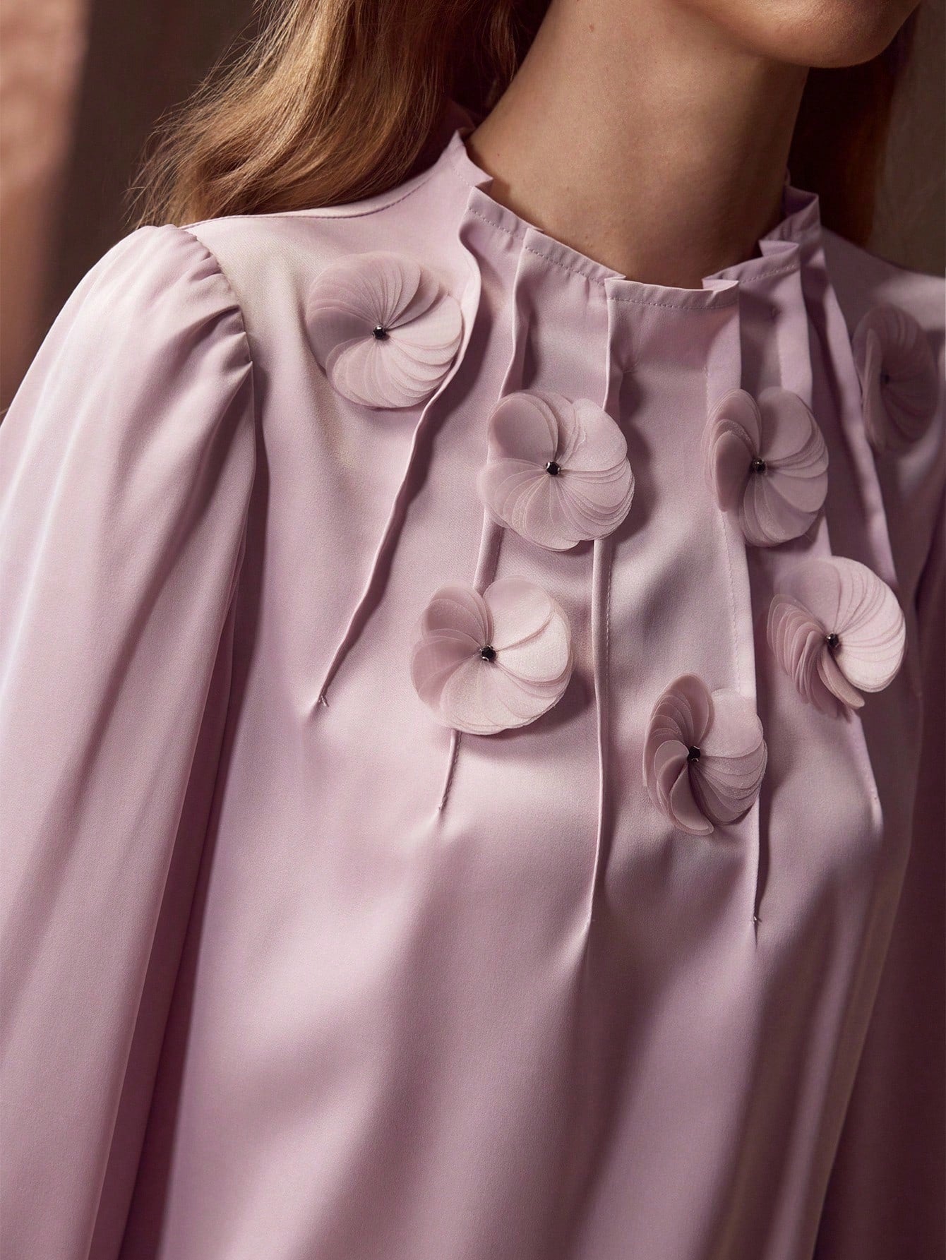 CM-TS423246 Women Elegant Seoul Style Round Neck Long Sleeve Appliques Ruched Blouse - Purple