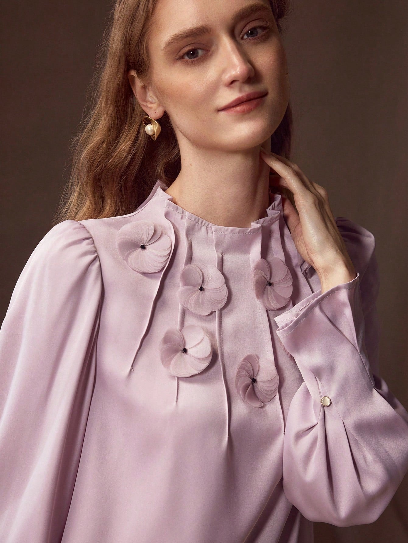 CM-TS423246 Women Elegant Seoul Style Round Neck Long Sleeve Appliques Ruched Blouse - Purple