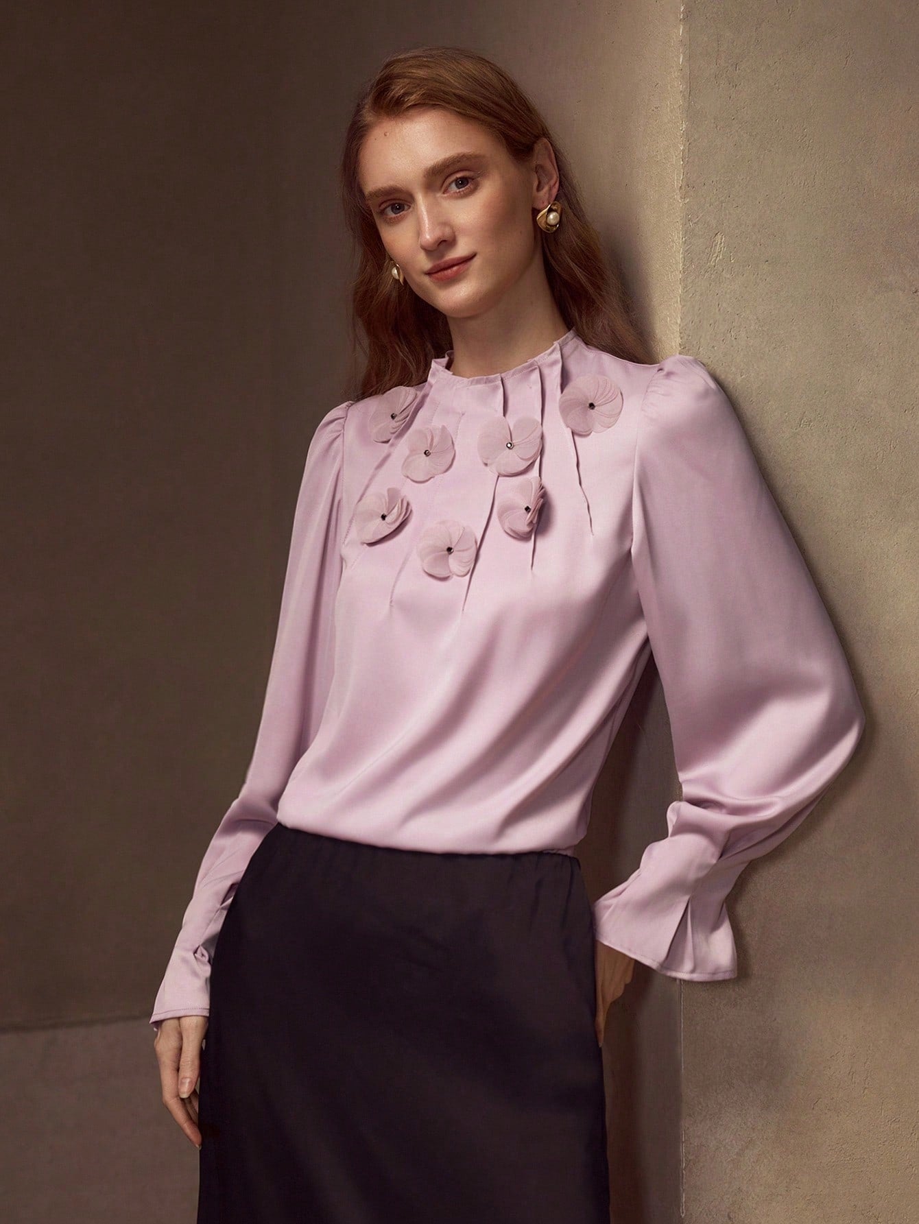CM-TS423246 Women Elegant Seoul Style Round Neck Long Sleeve Appliques Ruched Blouse - Purple