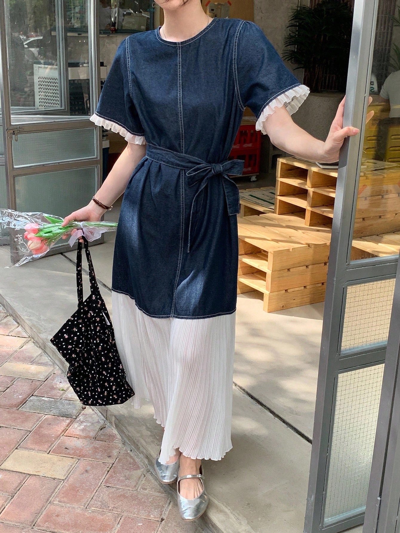 CM-DS858580 Women Casual Seoul Style Round Neck Short Sleeve Colorblock Patchwork Denim Dress - Blue