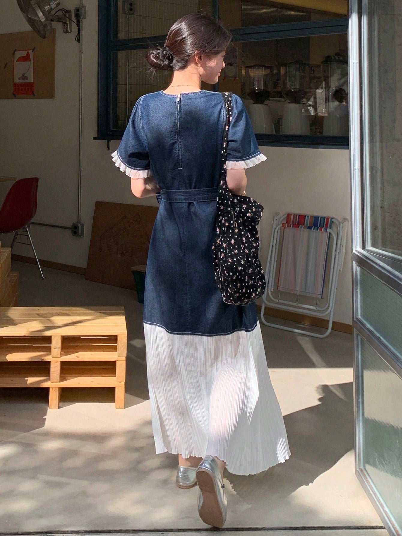CM-DS858580 Women Casual Seoul Style Round Neck Short Sleeve Colorblock Patchwork Denim Dress - Blue