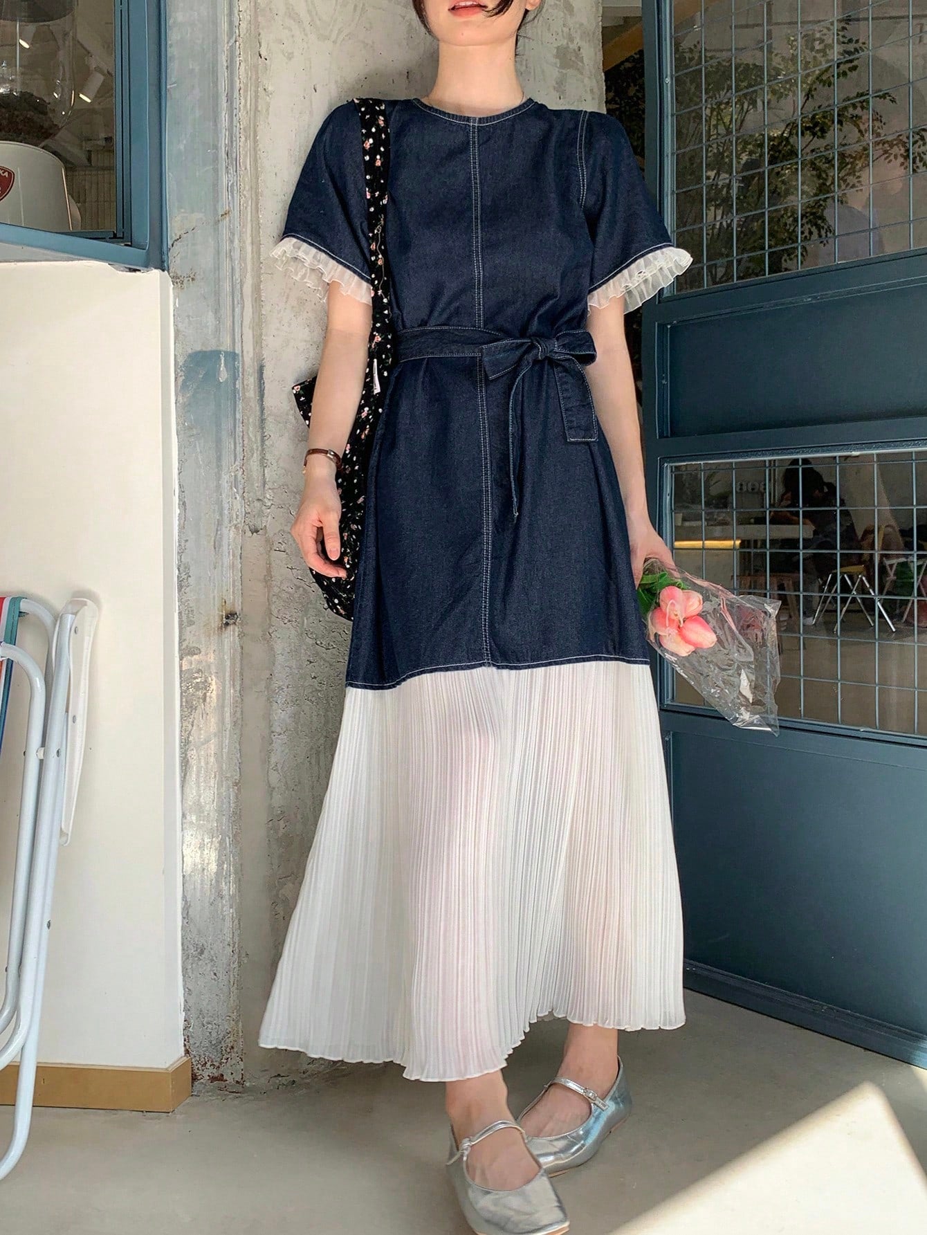 CM-DS858580 Women Casual Seoul Style Round Neck Short Sleeve Colorblock Patchwork Denim Dress - Blue