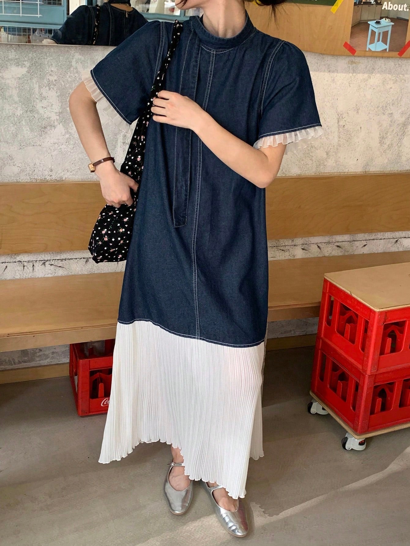 CM-DS858580 Women Casual Seoul Style Round Neck Short Sleeve Colorblock Patchwork Denim Dress - Blue