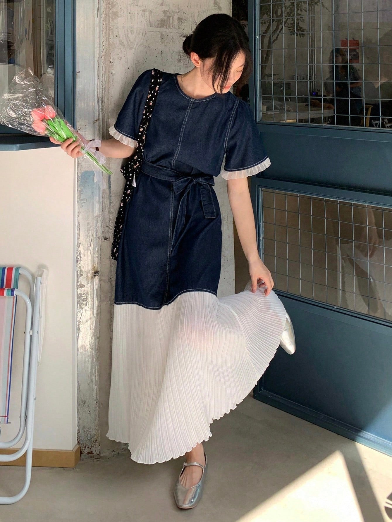 CM-DS858580 Women Casual Seoul Style Round Neck Short Sleeve Colorblock Patchwork Denim Dress - Blue