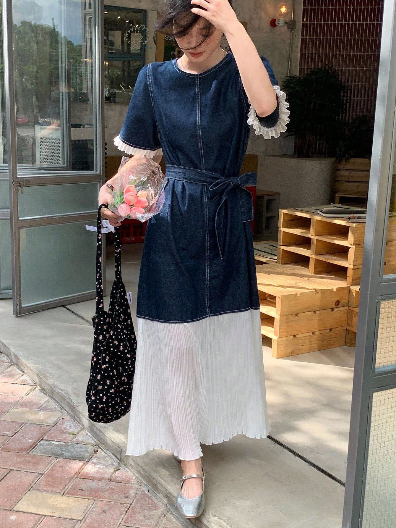 CM-DS858580 Women Casual Seoul Style Round Neck Short Sleeve Colorblock Patchwork Denim Dress - Blue